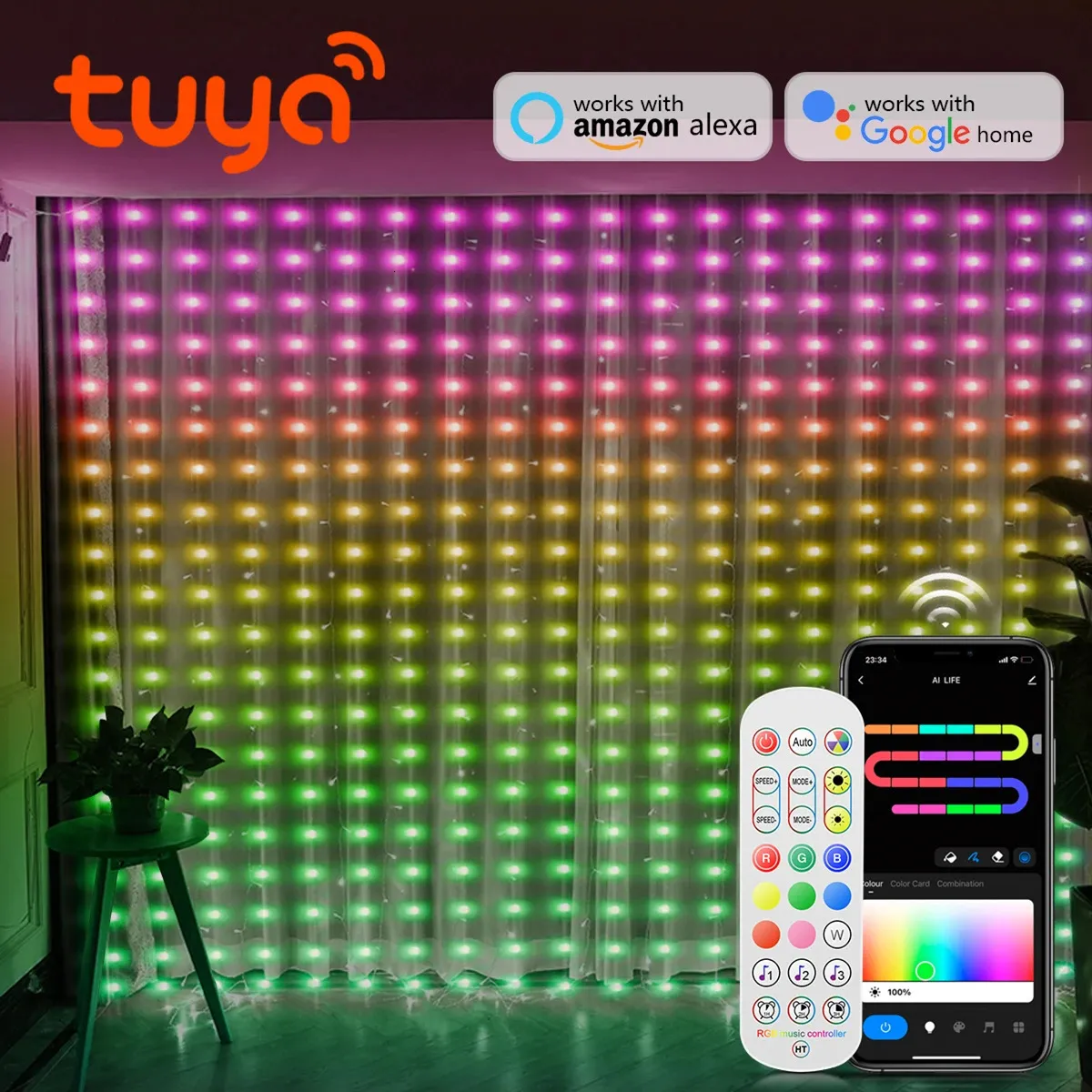 Decorazioni natalizie Tuya Smart Wifi Tenda leggera Musica RGB Sogno LED colorato Stringa luminosa USB Festone Luci natalizie Decorazioni natalizie Lampada ghirlanda 231207