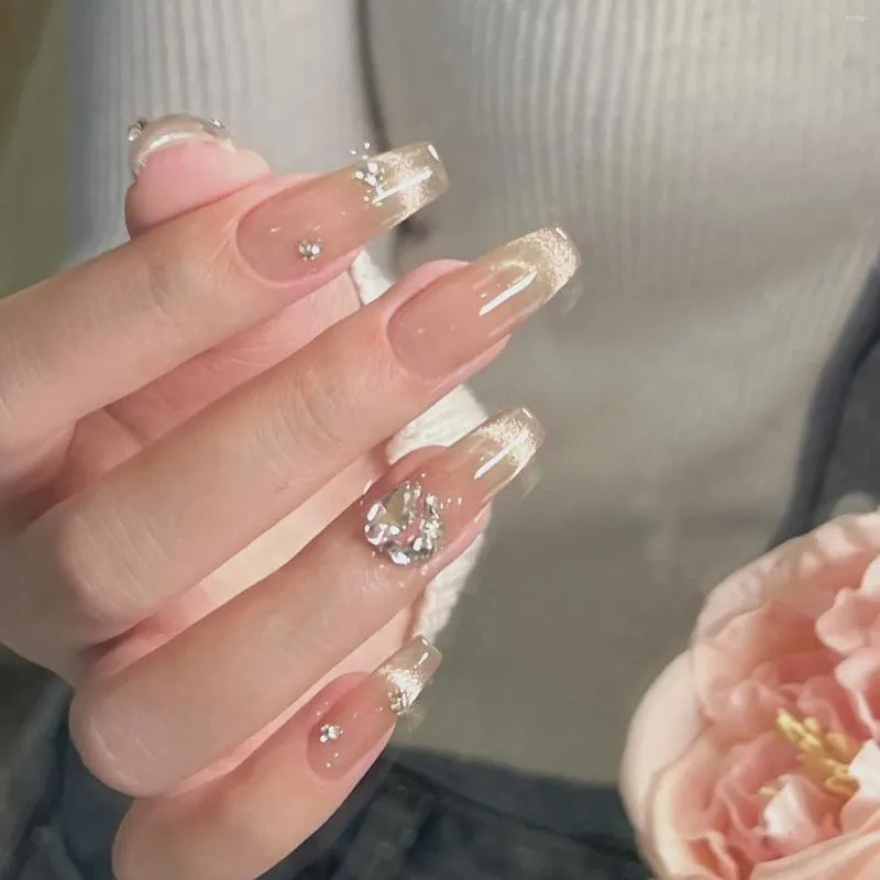 Falska naglar 10st handgjorda tryck på Long White Cat Eye Fake With Shiny Diamond Decor Full Cover Nail Tips Bärande