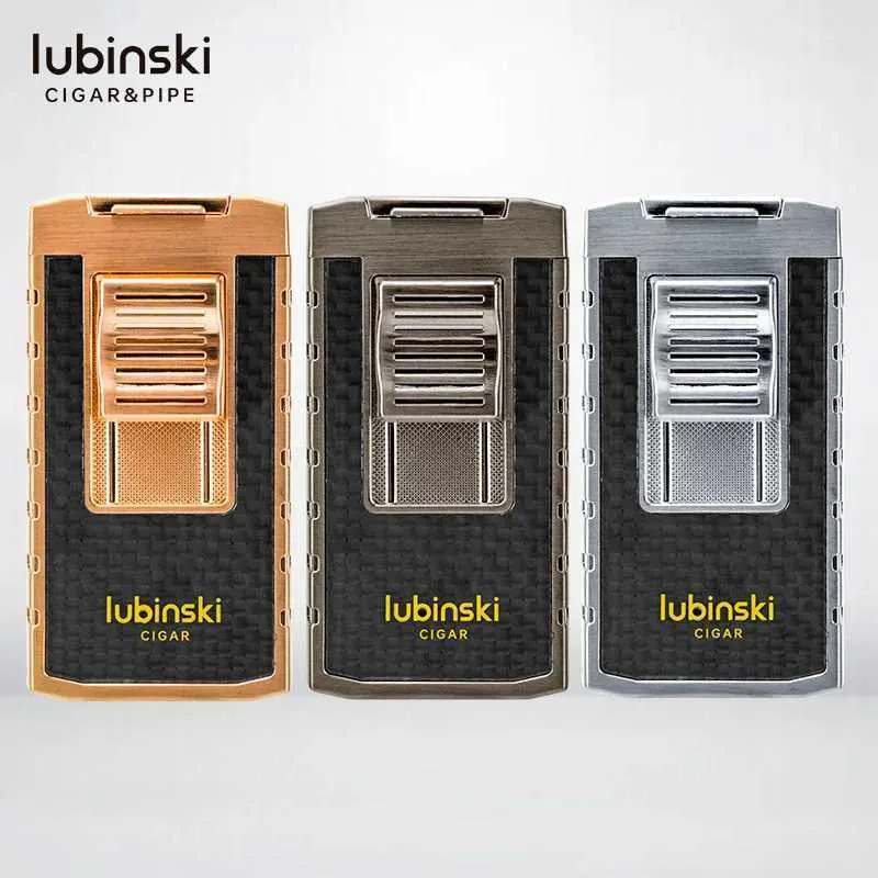 Lubinski Torch Lighter WindProof 2 Jet No Gas Cigar Top Holder Smoking Gift Set with Lighters Case