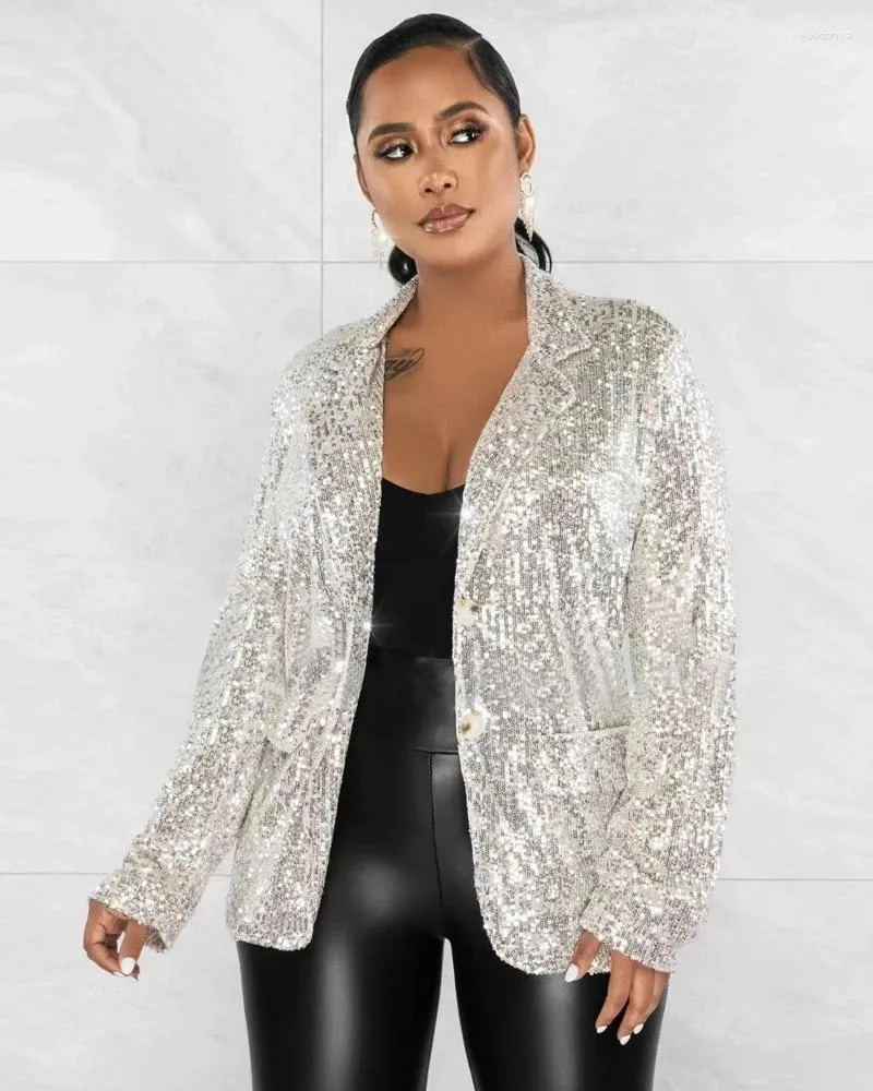 Pakken voor dames STYLISH LADY Sparkly Lovertjes Blazers 2023 Herfst Dames Lange mouwen Notched Single Breasted Elegant OL Party Festival Uitloper