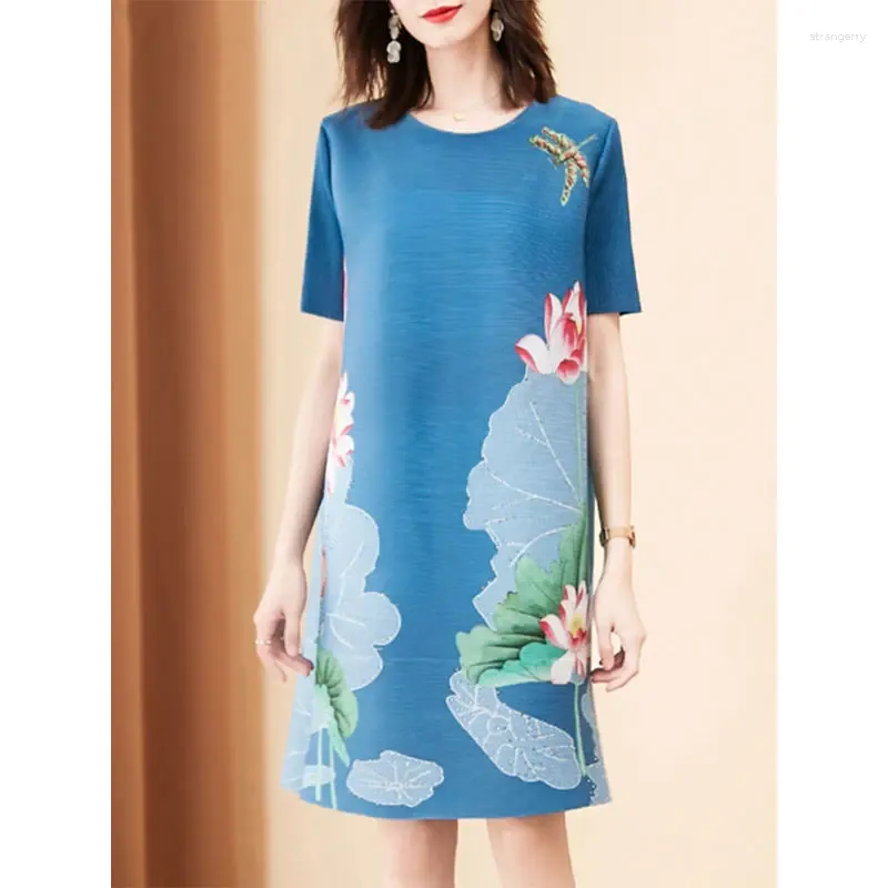 Party Dresses Loose Big Code Mother Wearing A Thin Dress Female 2023 Summer Pleat Chinese Style Word Skirt Short Sleeve