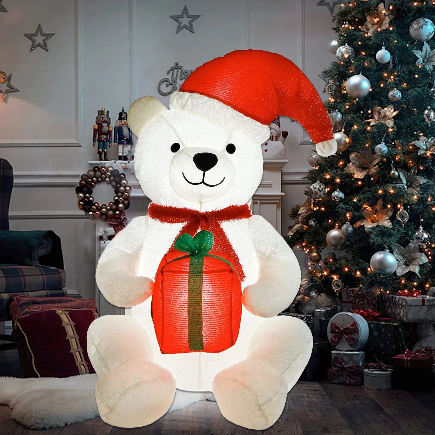 Christmas Toy Supplies Plush Bear Inflatable Christmas Decoration 3.9ft LED Glowing Polar Bear Blow Up Toys Xmas Decor for Home Year Party Ornament 231208