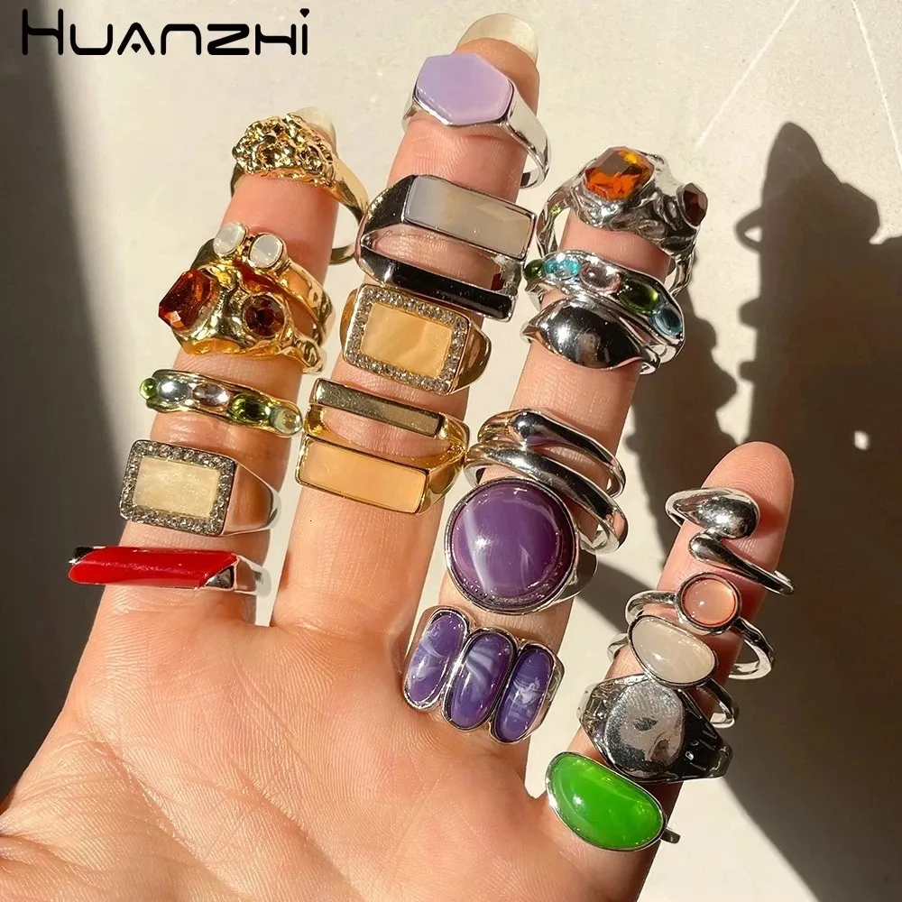 Wedding Rings HZ Korea 5pcsset Colorful Stone Rhinestone Metal Chain Trendy Geometry Hit Rings Set for Women Girls Jewelry Gifts 231208