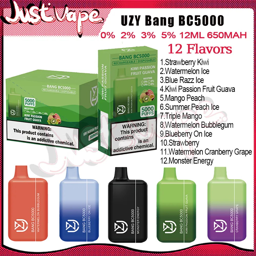 Original UZY Bang BC5000 Puff Disposable E Cigarettes Mesh Coil 12ml Pod 650 mAh Battery Electronic Cigs Puff 5K 0% 2% 3% 5% 12 flavors Vape Pen