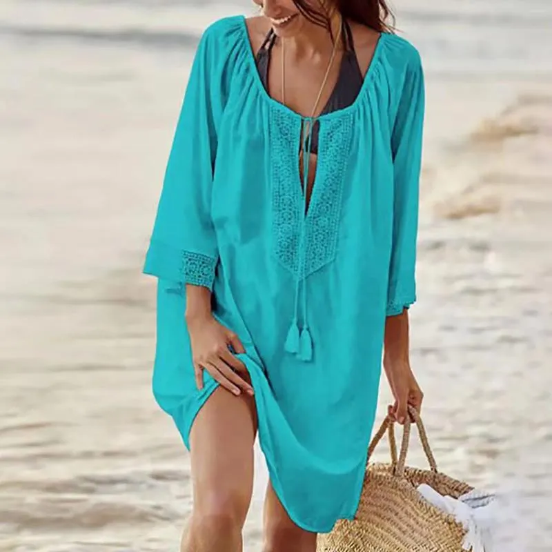 女性用水着ブラウスコットンビーチシャツの夏のトップカジュアルカバーアップミディドレス