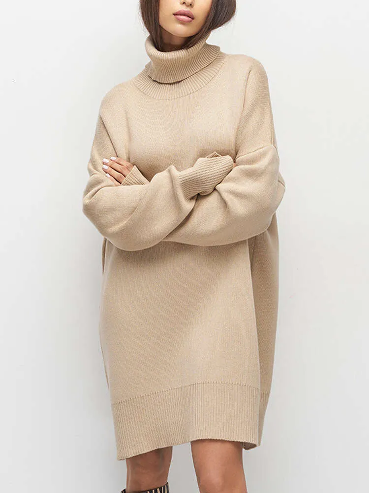 Suéter Mujer Longitud Media Color Sólido Cuello Alto para Invierno Suelto Fondo Raya Hilo Manga Larga Jersey Suéter 91
