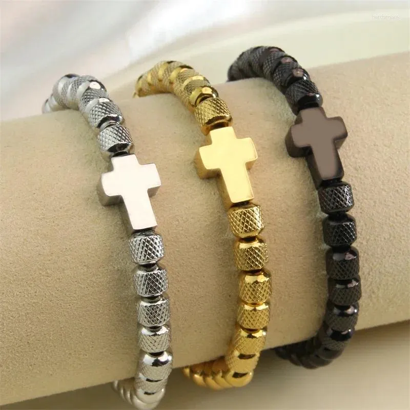 Charme pulseiras cruz pulseira de aço inoxidável frisado artesanal homens mulheres oração fitness cadeia casal jóias presente