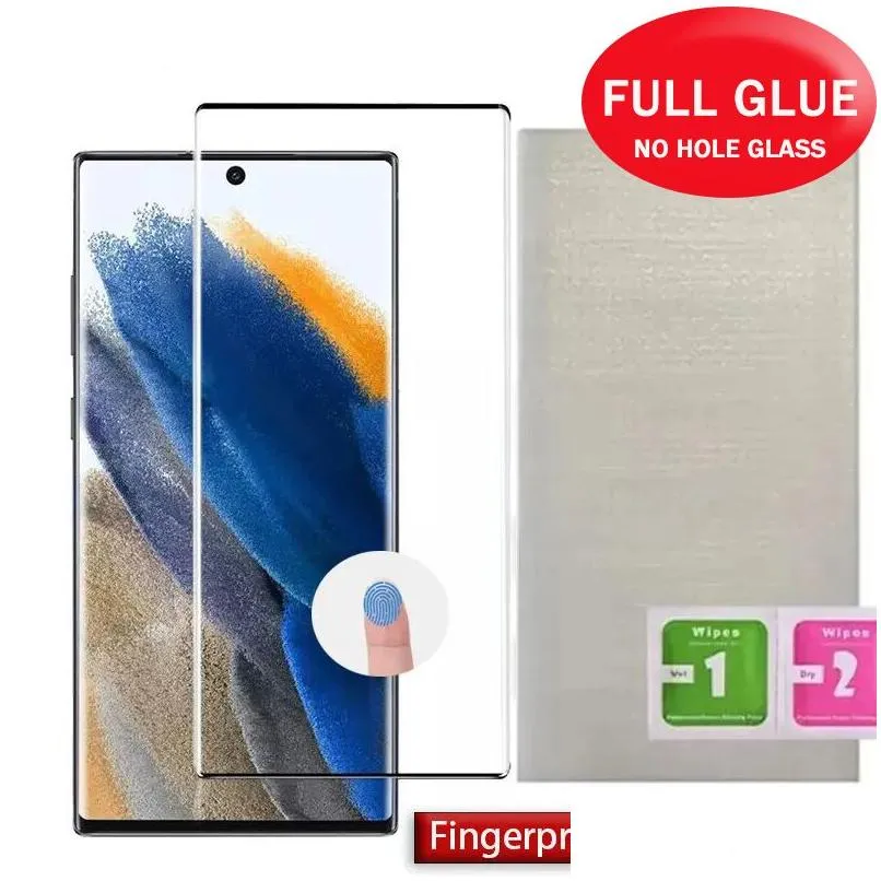 Handy-Displayschutzfolien Premium gebogener FL-Kleber ohne Loch gehärtetes Glas Sn-Schutz für S23 Tra S22 S21 S20 Note20 S10 Plus S8 S9 Dhj9V