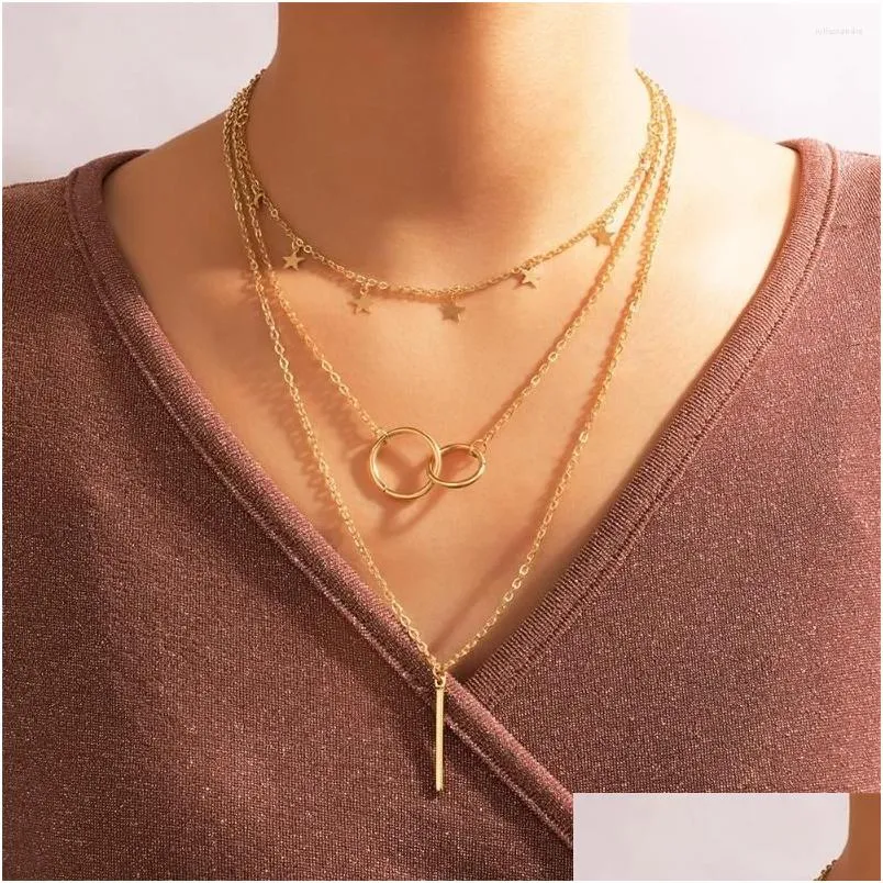 Anhänger Halsketten Vintage Boho Choker Kette Gold Farbe Geometrische Stern Lange Bar Schnalle Halskette Für Frauen Mode Mtilevel Schmuck Drop Othat