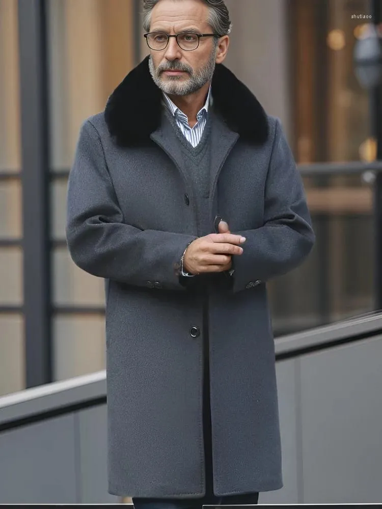 Men s Trench Coats Winter Big Collar Long Mens Luxury Black Jackets For The Cold Father Husband Overcoats Fleece Parka