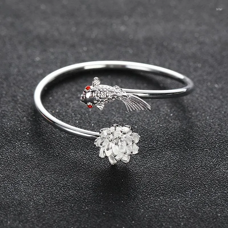 Симпатичные женские браслеты с рыбками и цветами, роскошные свадебные браслеты серебряного цвета для женщин, корейские металлические открытые ювелирные изделия
