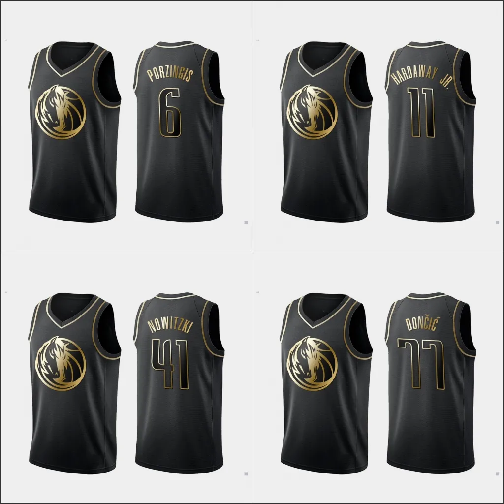 Dallas''Mavericks''Männer Luka Doncic Kristaps Porzingis Tim Hardaway Jr. Dirk Nowitzki Schwarzes Golden Edition-Trikot