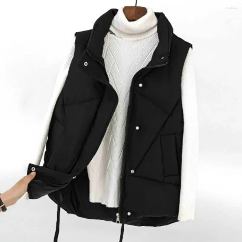 Gilets pour femmes Femmes Veste d'hiver Coupe-vent Manteau de gilet chaud pour col montant élégant avec poches Boutons de fermeture à glissière Placket