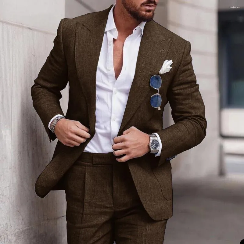 Men's Suits Linen For Men Wedding 2 Piece Set Single-Breasted 2023 Luxury Notched Lapel Top Pants Trajes Elegante Para Hombre