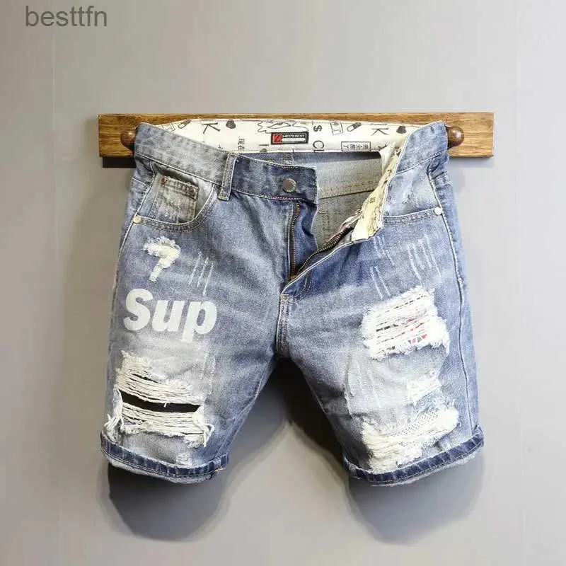 Jeans masculinos verão 2022 luz azul rasgado gato bigode remendo carta impressão magro denim shorts adolescentes jeans meninos e meninas cowboy calças curtasl231208