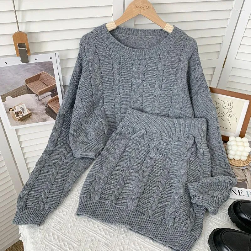 Arbeitskleider für Damen, Herbst, schmal, aus Wolle, 2-teilig, einfarbig, gedreht gestrickt, Rundhalsausschnitt, Crop-Top, Pullover, umwickelt, Hüfte, Miniröcke, Set