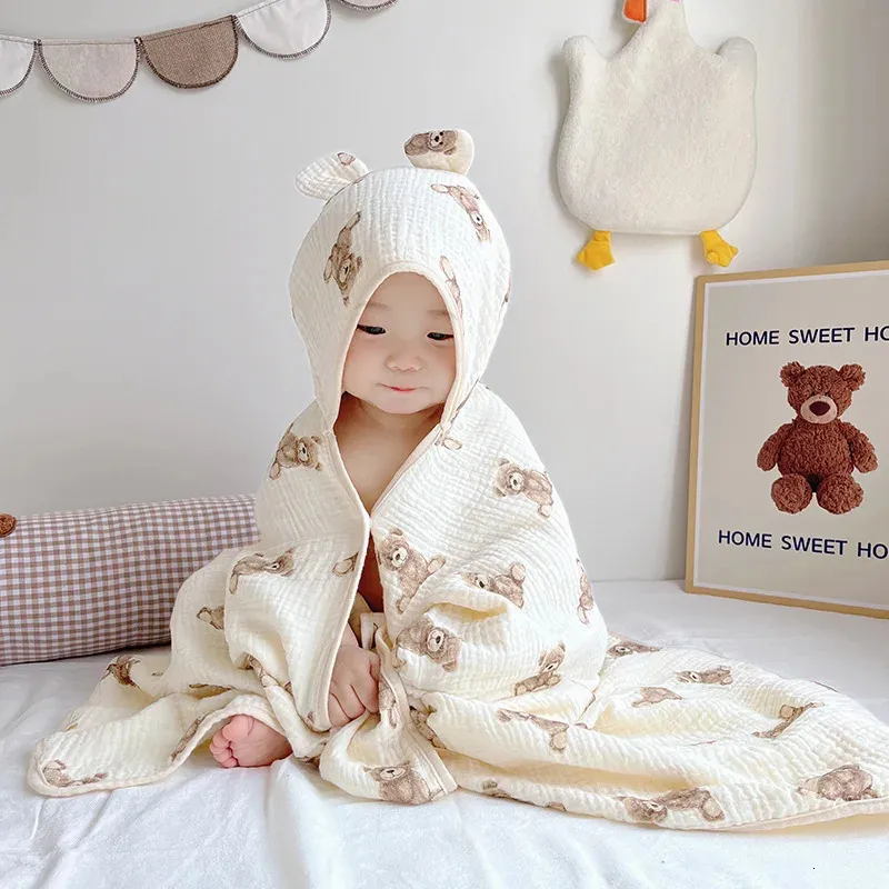 Cobertores Swaddling bebê algodão com capuz toalhas de banho toalha de pano crianças manto praia roupão macio envoltório cobertor para bebês nascidos meninos meninas 130x70cm 231208