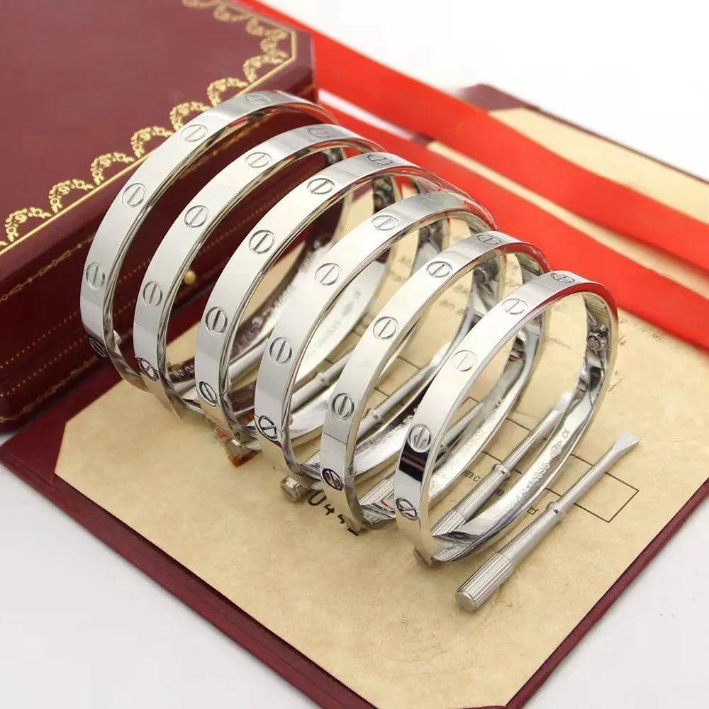 Bangle Designer Luxe sieraden Schroefarmbanden Klassiek 5.0 Titanium Staal Verguld Ambachtelijke Kleuren Goud Zilver Roos Vervaagt nooit Niet allergisch Rosé goud met diamant