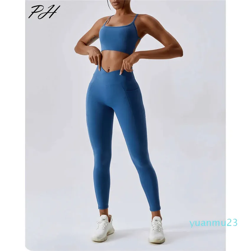 Lu Lu Align Outfits Gym Set Sexig rygglös fitnessbh -tights Leggings Set Two Pieces Solid Color Running Workout Suit