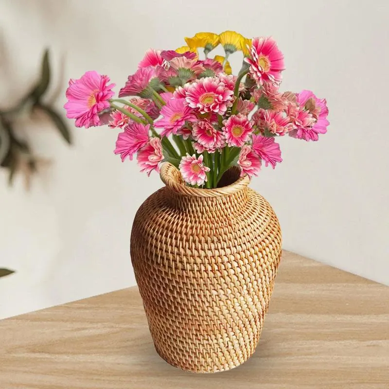 花瓶織りラタンフラワーバスケット花瓶ホルダーアレンジメントカフェウェディングエルデスクホームデコレーションのために乾燥