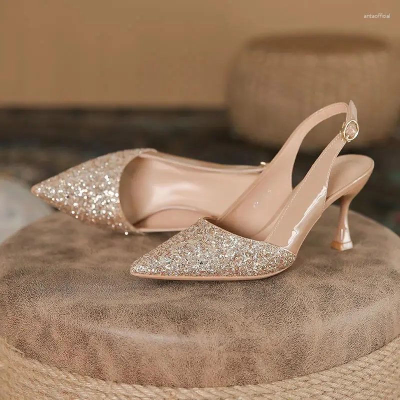 Dress Shoes Luxury Gold Silver Sequins High Heels Pumps Women 2024 Pointed Toe Slingbacks Pump Woman Thin Heeled Wedding Party