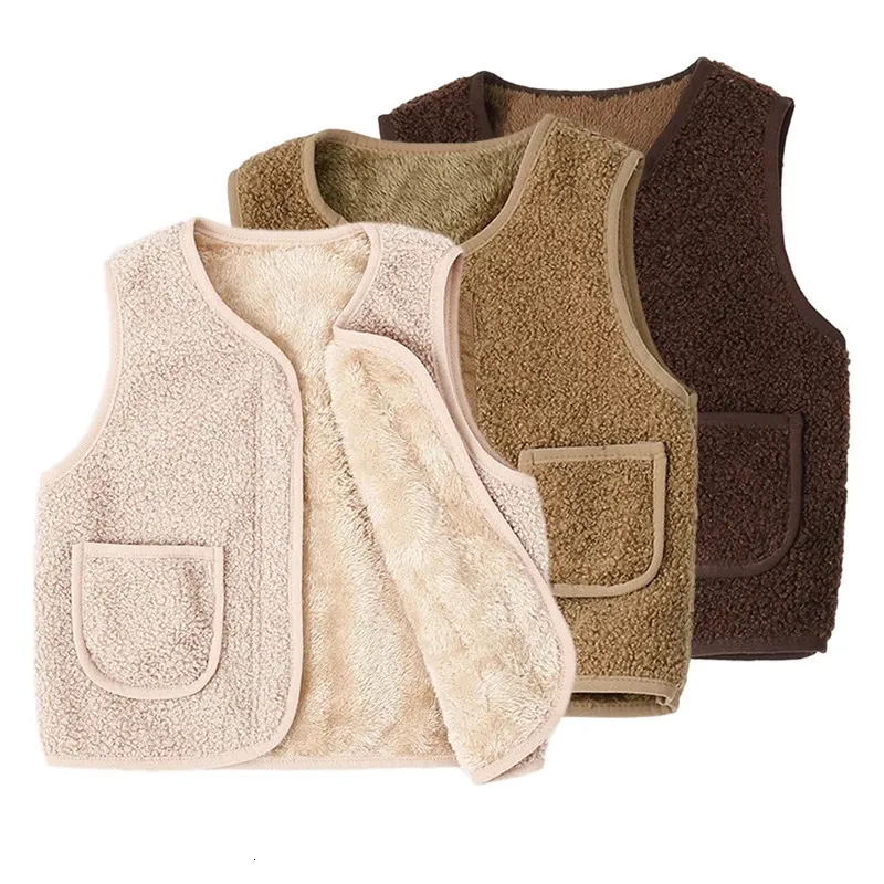 Vest Kinderen Vest Winter Lamswol Baby Warm Houden Jas Herfst Kleding Kinderen Jongens Meisjes V-hals Effen Bovenkleding 231207