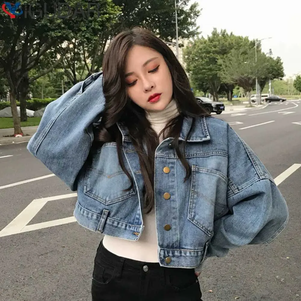 Women's Jackets Denim Jackets Loose Women Turn Down Collar Basic Cropped Denim Jacket Fe Bomber Short Jean Coat For Y2k 90s Aesthetic L231208