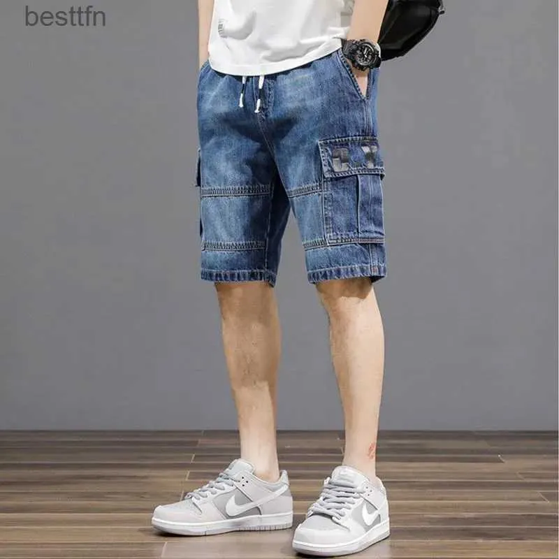 Jeans masculinos 2023 verão cinza azul denim shorts para homens algodão na altura do joelho em linha reta casual solto fino elástico berda jeans curto pantl231208