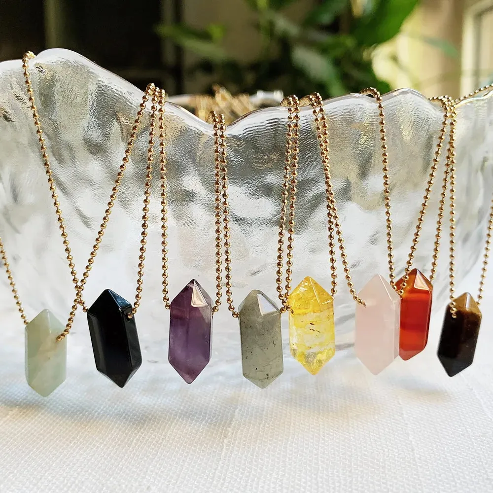 Pendant Necklaces Small Hexagonal Crystal Necklace Stainless Steel Chain Natural Stone Citrines Quartz Purple Crystal Pendant Healing Point Amulet 231207