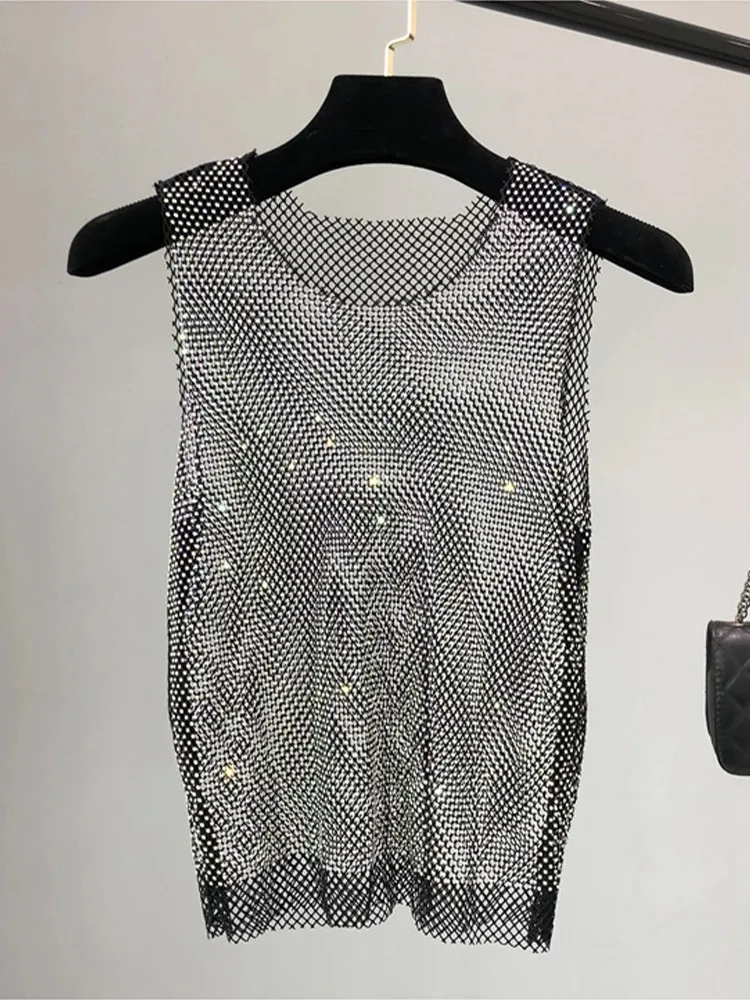 Gilets pour femmes perles de cristal réservoirs brillants Club de fête Sexy évider diamants estampage Camis Winky gilet sans manches 231208