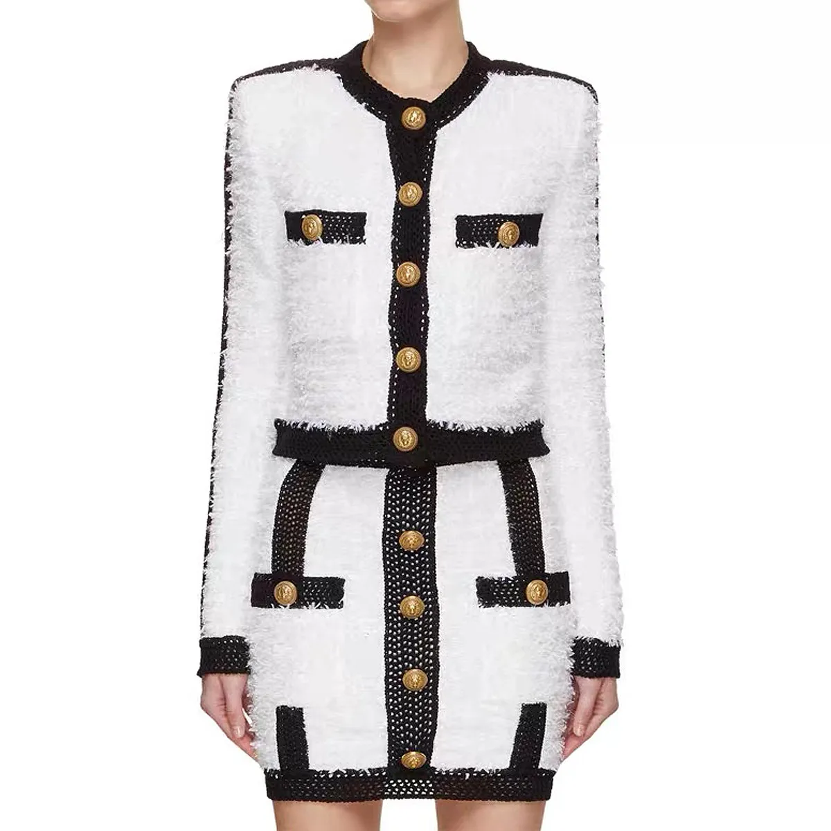 Nuevo estilo, abrigo de lana de punto de alta calidad para mujer, falda a juego con botones de cara de león de Metal clásico, vestido de dos piezas