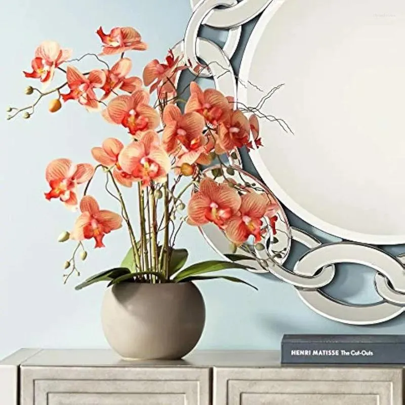 Fleurs décoratives Fleur d'orchidée orange 22 1/2" de haut Faux floral dans un pot en céramique gris, étagère de table, décoration de comptoir, tissu artificiel
