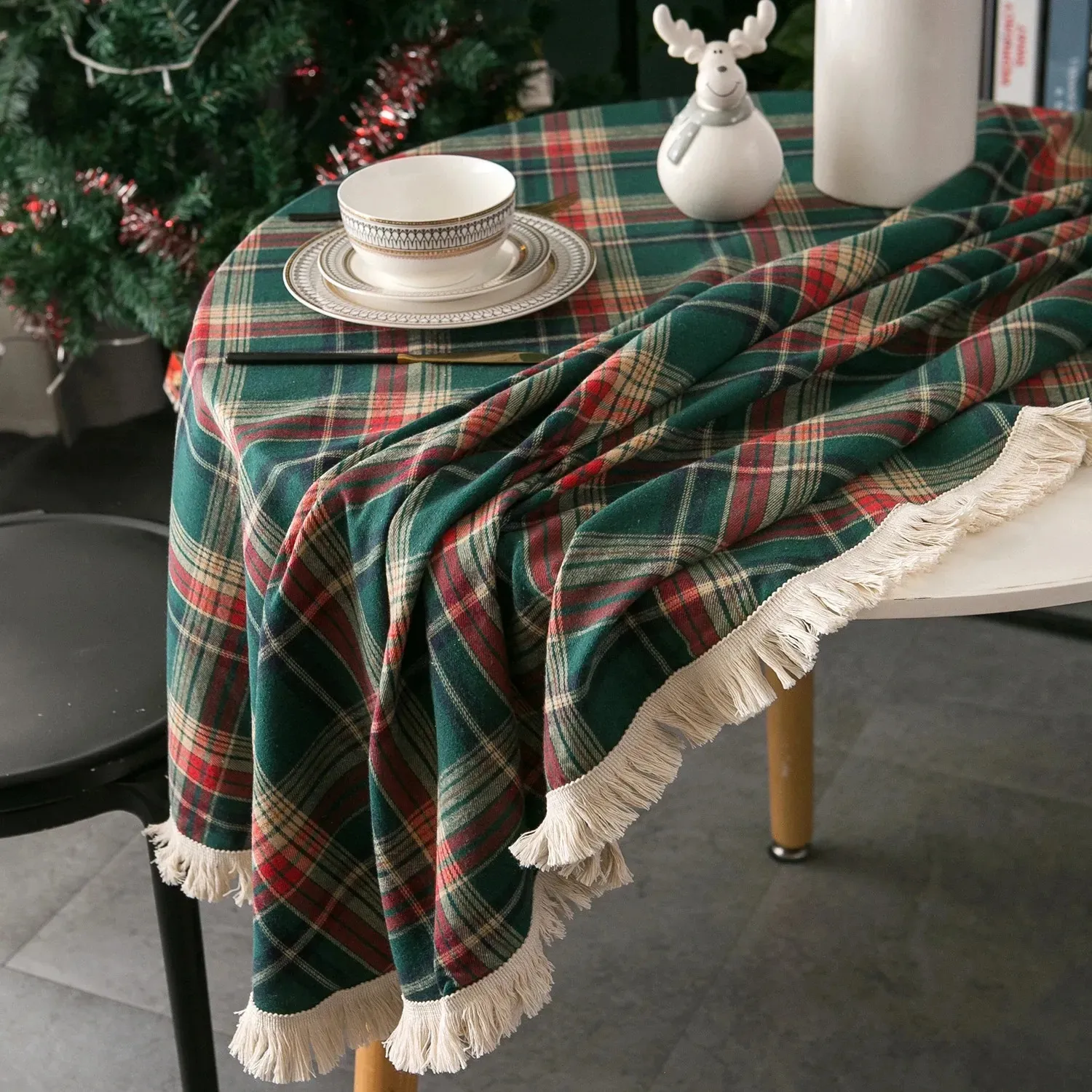 Table Cloth Linen Christmas Tablecloth Dyed Green Plaid Holiday Village Home Textile Year Rectangular Tablecloths Dining Table Cover 231207