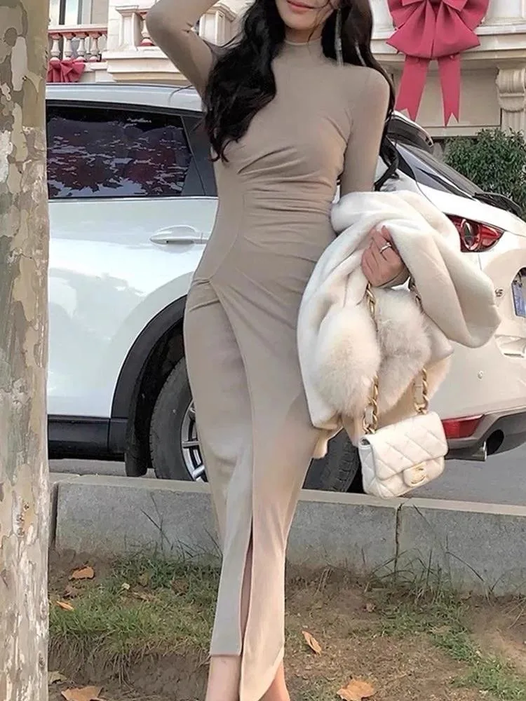 Günlük elbiseler zarif ve şık kadınlar seksi bodycon midi elbise vintage katı sonbahar parti kulüp vestidos kadın kıyafetler uzun robe