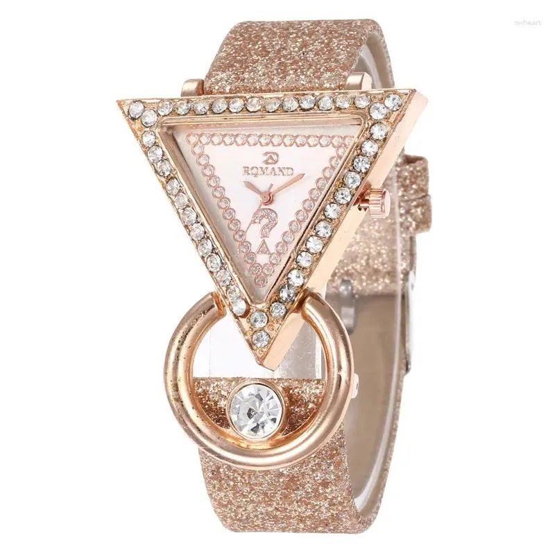 Armbanduhren Einzigartige Damen Quarzuhr mit Diamant-Dreieck-Zifferblatt Mode Pu-Lederarmband Luxus-Armbanduhren Relojes Para Mujer