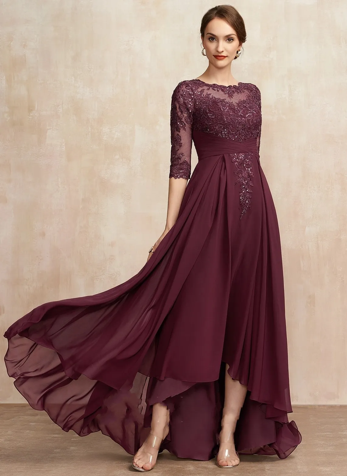 2024 Elegante Cabernet Mãe da Noiva Vestido A Linha Scoop Illusion Assimétrico Chiffon Lace Beads Wedding Guest Party Vestidos para Mulheres Plus Size