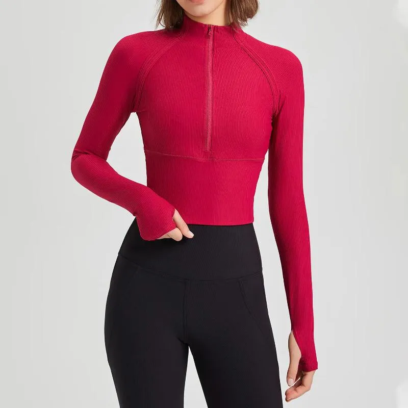 Aktiva skjortor Autumn med logotyp Snabbtorkning Halva dragkedja Yoga Långärmad Kvinnors stående krage som kör Crop Top Shirt Casual sportkläder