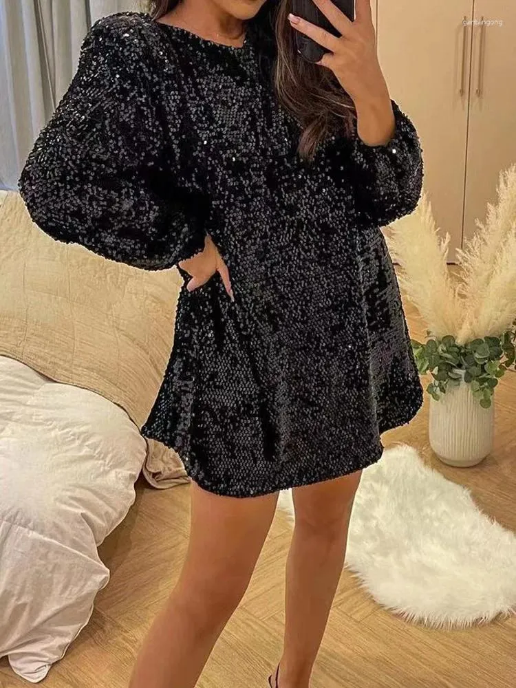 Casual Dresses Women Party Club Mini Sequins klänning Patchwork Backless Hollow Out Nacing Up Chic Lady O Neck Long Sleeve