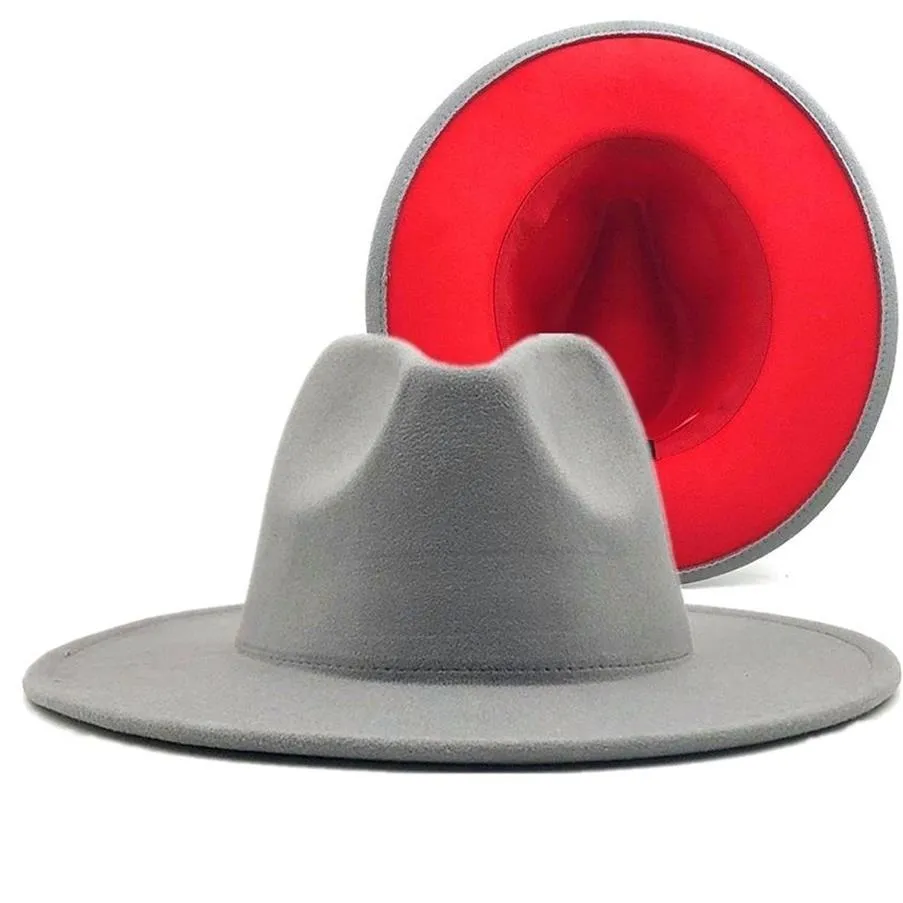 رمادي Red Red Patchwork Wool Felt Jazz Fedora Hat Women للجنسين على نطاق واسع Brim Panama Party Trilby Cowboy Cap Men Gentleman Wedding Hat XL 22212o