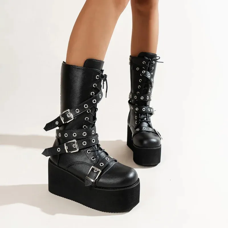 Botas homens mulheres casal goth sapatos alta plataforma plana moda cinto fivela botas de combate rebites legal rua tiro botas femininas 231207