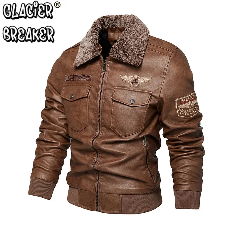 Men S Leather Faux Autumn and Winter Brodery Original Moto Biker Coat Jacket Motorcykelstil Casual varm överrock 231208