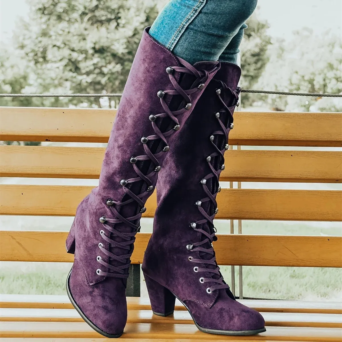 Bottes femmes bottes longues à talons épais rétro couleur unie à lacets bottes hautes bottes d'équitation à talons décontractés 231207