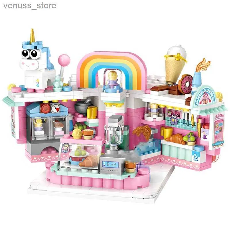 Blocks Mini Cake Shop Fries Shop Bausteine DIY City Street View Montage Modell Haus Ornamente Kinder Lernspielzeug Freunde Geschenke R231208