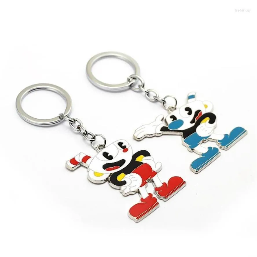 Keychains HSIC 2 Styles Cuphead Keychain Metal Cup Head Key Ring Car Holder Anime Figur Kedjor för män Kvinnor Llavero HC12779 Fred310k