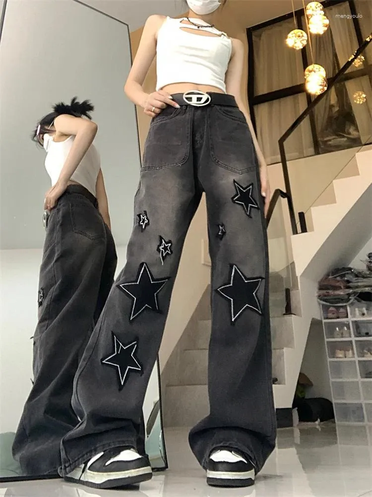 Jean femme motif etoile taille haute droit americain Vintage printemps ete decontracte Simple neutre jambe large Denim pantalon