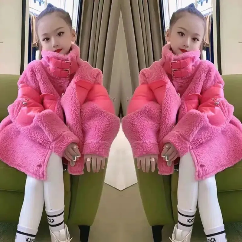 Jackets Girls Rose Red Fleece Coat Winter Korean Composite Fur Lamb Combination 231207