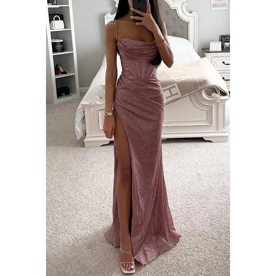 Basic Casual Dresses Sexy Sequin Spaghetti Strap Ruched Maxi Party Dres Shiny High Slit Evening Wedding Cocktail Long 231207