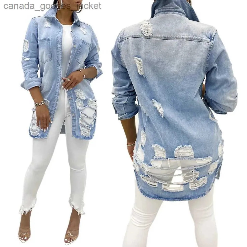 Jaquetas femininas nova outono jeans jaqueta feminina 2023 sexy rasgado oversized denim jaqueta inverno moda longo sle denim jaqueta casual solto casacos l231208