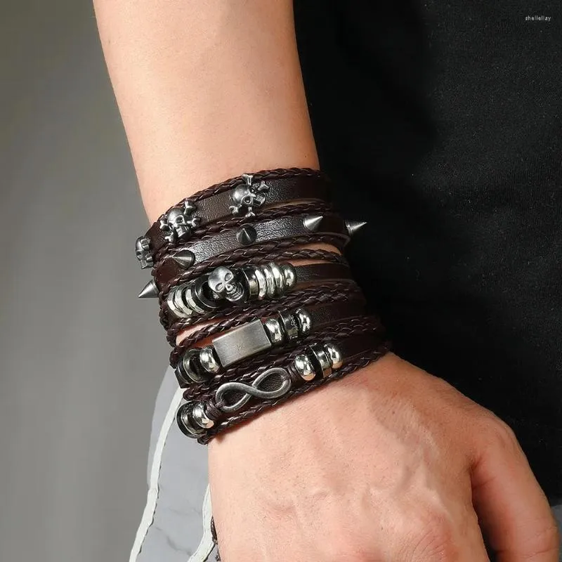 Bracelets de charme Bracelet de style punk à la mode pour hommes Multi couche en cuir tissé à la main squelette géométrie accessoires