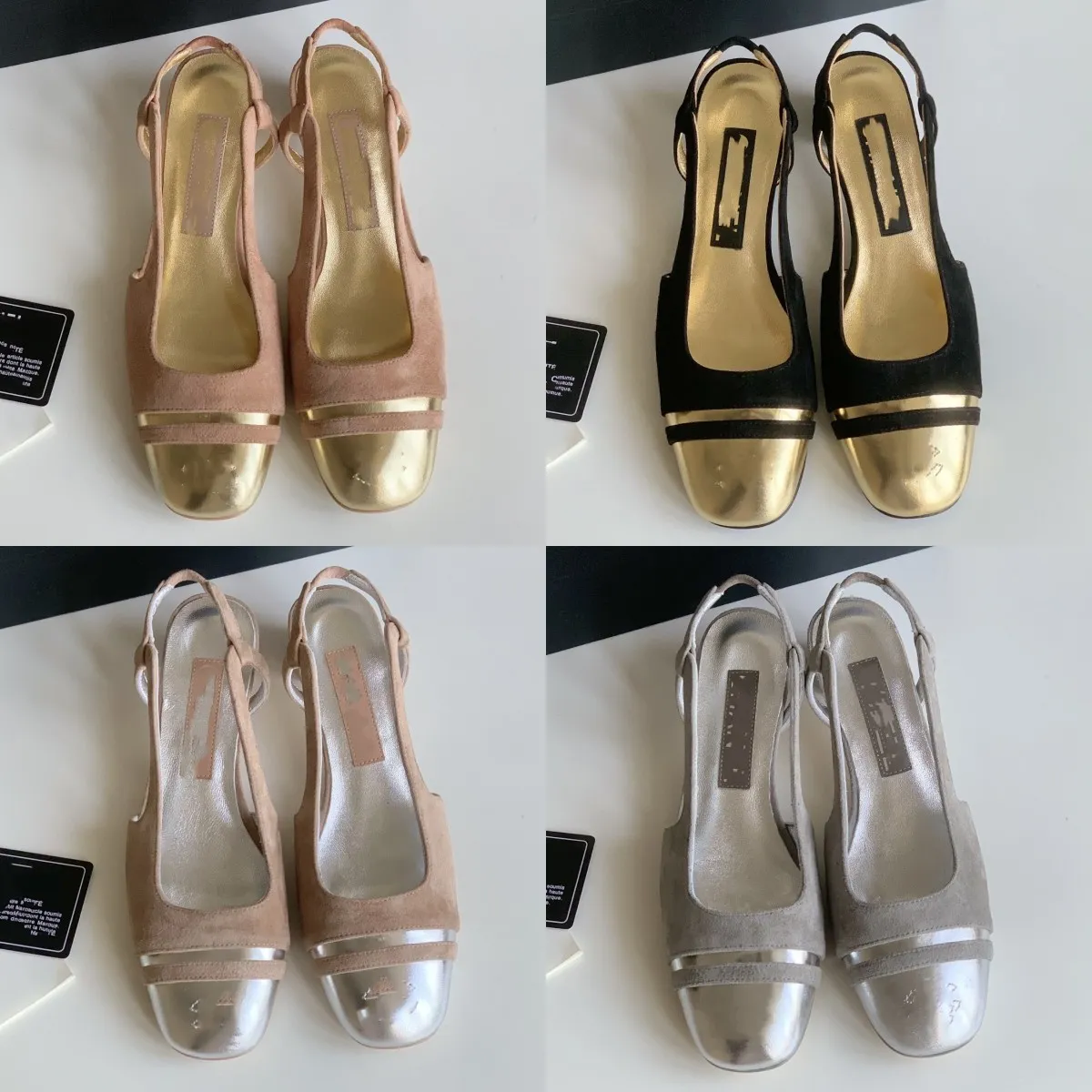 Chanellies kanaal cap teen slingback chandal sandalen vintage vrouwen suède geitenhuid pomp schoenen goud zilveren in elkaar grijpende c tweekleurige hakken muilezels ballerina ballet flats